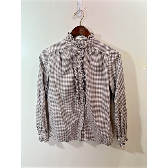 Simple Retro Tops - Simple Retro Womens Gingham Button Up Ruffled Blouse XS Prairie Country Cottage